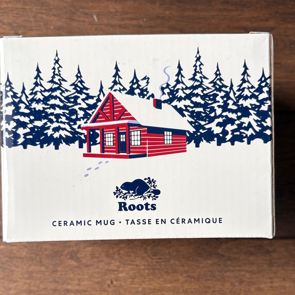 Roots Red and Blue Cabin Ceramic Mug brand new never used new with tags